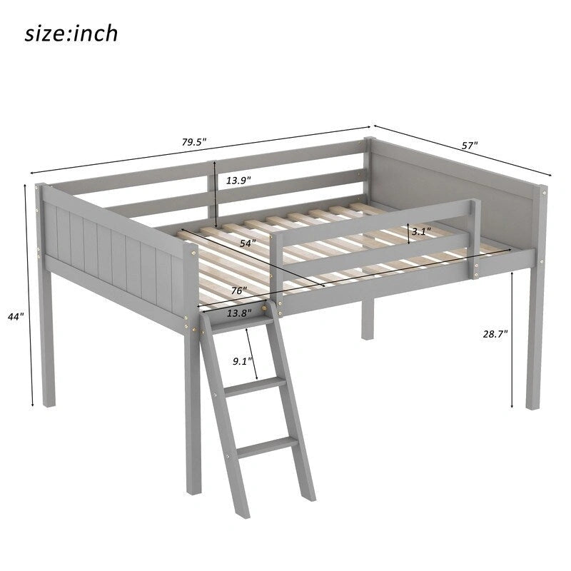 Lit mezzanine bas en bois pleine grandeur avec échelle, l'échelle peut être placée à gauche ou à droite