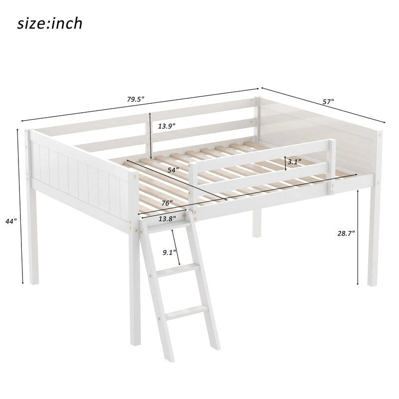 Lit mezzanine bas en bois pleine grandeur avec échelle, l'échelle peut être placée à gauche ou à droite