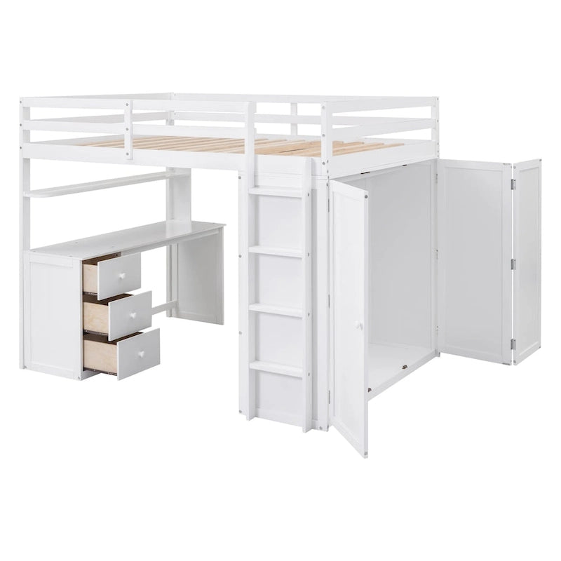 Lit mezzanine multifonctionnel double/complet avec tiroirs, bureau, armoire – Espace d'étude peu encombrant