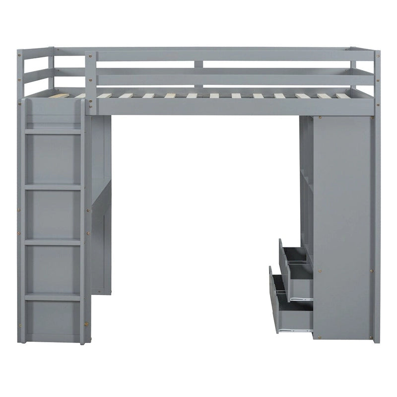 Lit mezzanine une place avec grandes étagères, bureau et éclairage LED