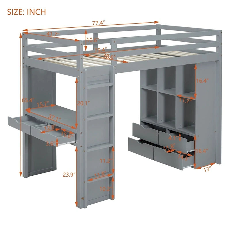 Lit mezzanine une place avec grandes étagères, bureau et éclairage LED