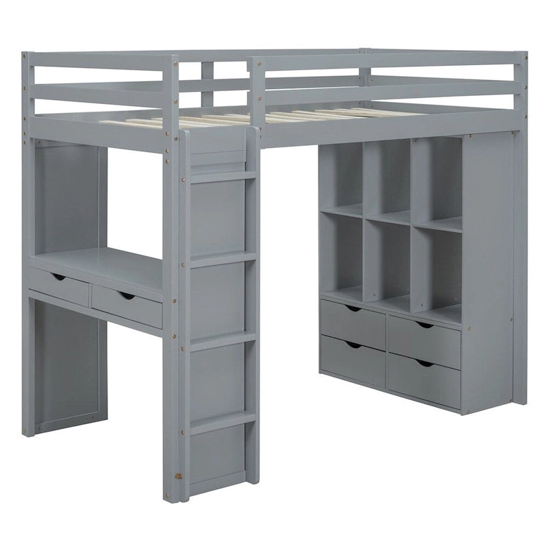 Lit mezzanine une place avec grandes étagères, bureau et éclairage LED