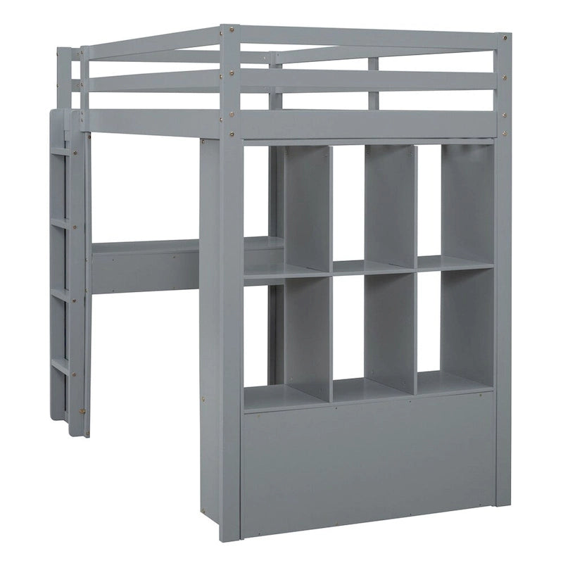 Lit mezzanine une place avec grandes étagères, bureau et éclairage LED