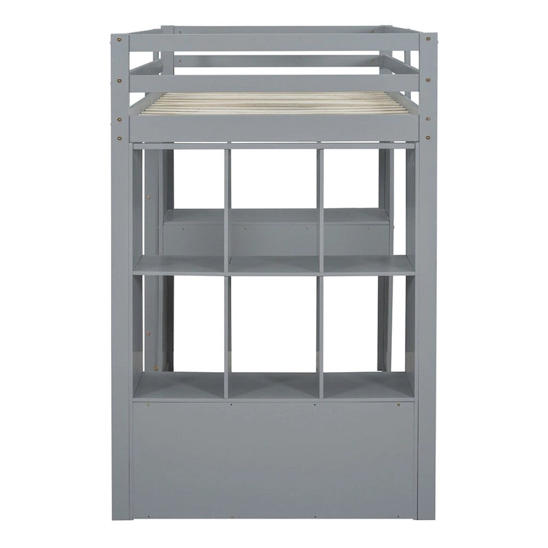 Lit mezzanine une place avec grandes étagères, bureau et éclairage LED