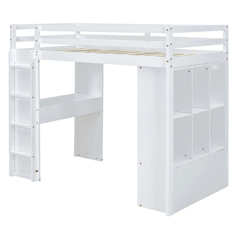 Lit mezzanine une place avec grandes étagères, bureau et éclairage LED