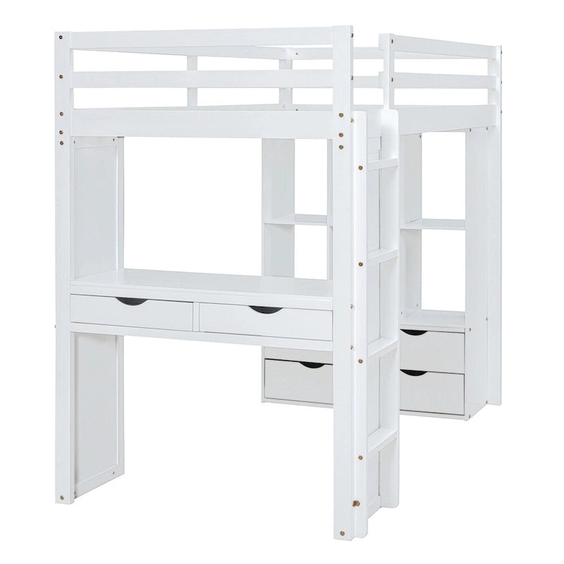 Lit mezzanine une place avec grandes étagères, bureau et éclairage LED