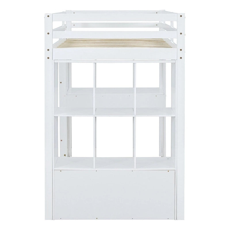 Lit mezzanine une place avec grandes étagères, bureau et éclairage LED