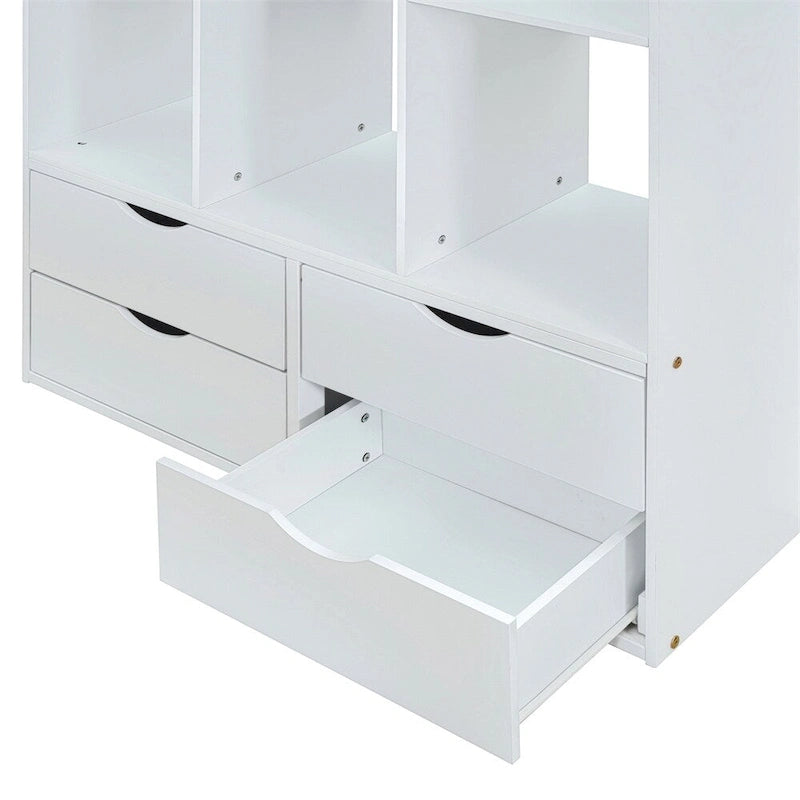 Lit mezzanine une place avec grandes étagères, bureau et éclairage LED