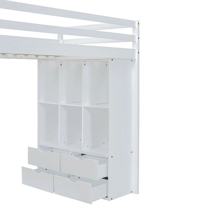Lit mezzanine une place avec grandes étagères, bureau et éclairage LED
