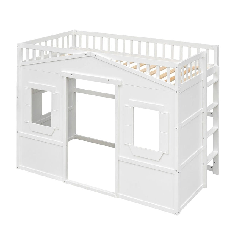 Lit mezzanine en pin massif style White Castle avec échelle et barrières de sécurité