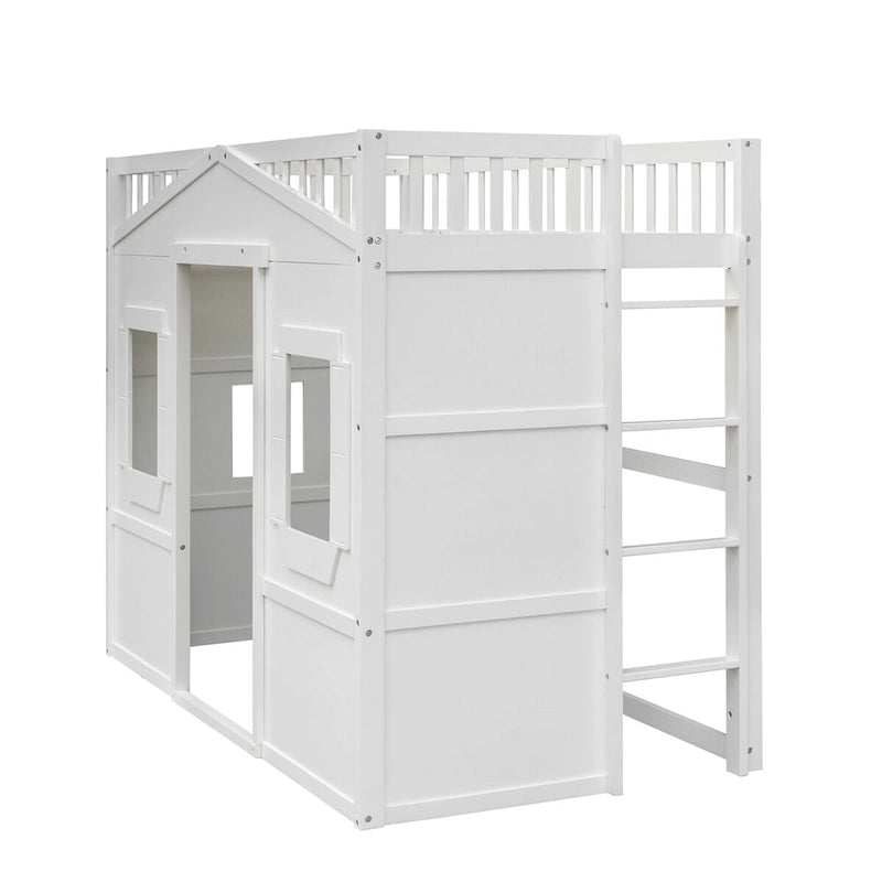 Lit mezzanine en pin massif style White Castle avec échelle et barrières de sécurité