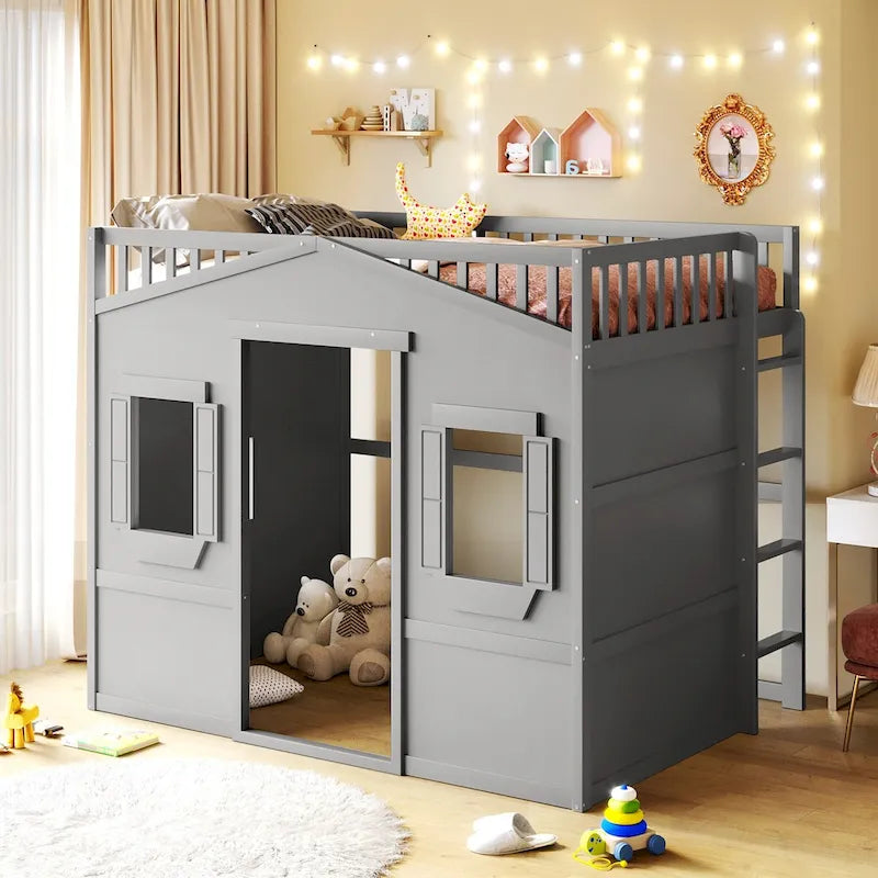 Lit mezzanine cabane pleine grandeur, cadre de lit cabane en bois avec fenêtres, lit mezzanine enfant avec échelle et barrières de sécurité