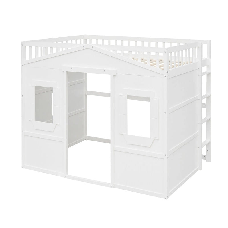 Lit mezzanine cabane pleine grandeur, cadre de lit cabane en bois avec fenêtres, lit mezzanine enfant avec échelle et barrières de sécurité