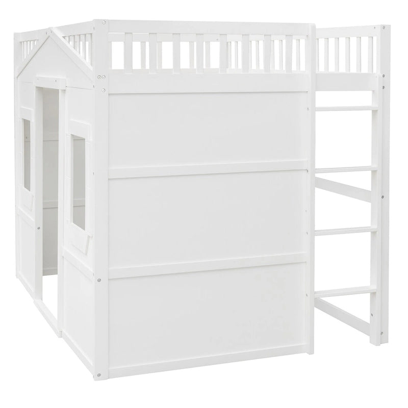 Lit mezzanine cabane pleine grandeur, cadre de lit cabane en bois avec fenêtres, lit mezzanine enfant avec échelle et barrières de sécurité