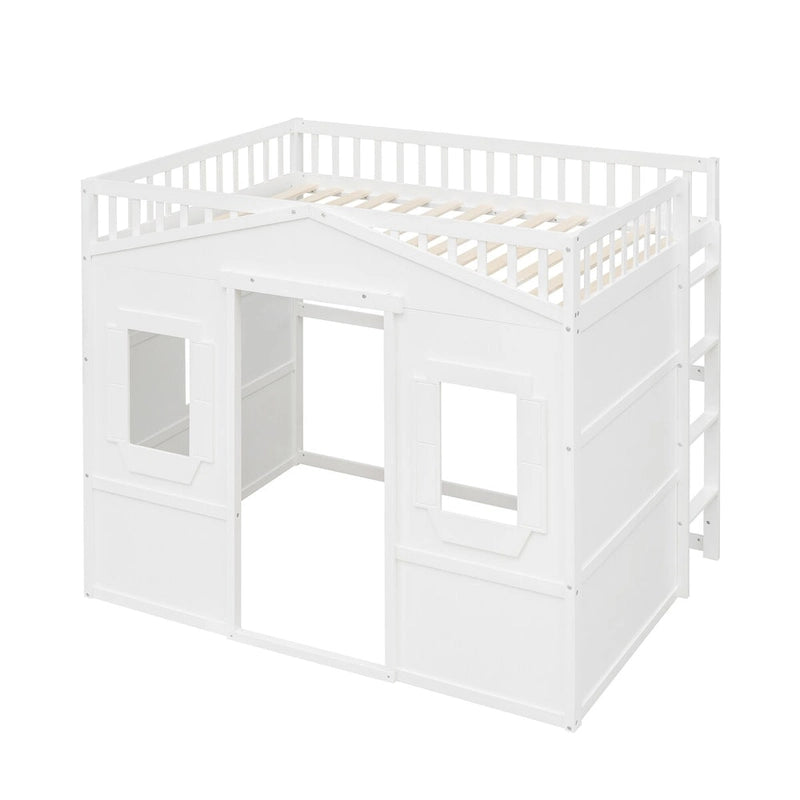 Lit mezzanine cabane pleine grandeur, cadre de lit cabane en bois avec fenêtres, lit mezzanine enfant avec échelle et barrières de sécurité
