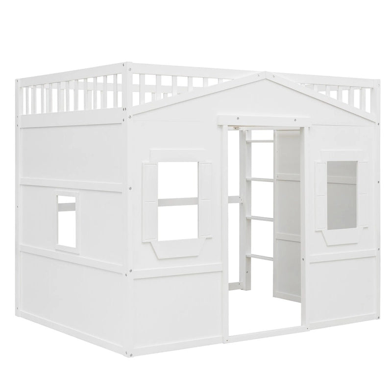 Lit mezzanine cabane pleine grandeur, cadre de lit cabane en bois avec fenêtres, lit mezzanine enfant avec échelle et barrières de sécurité