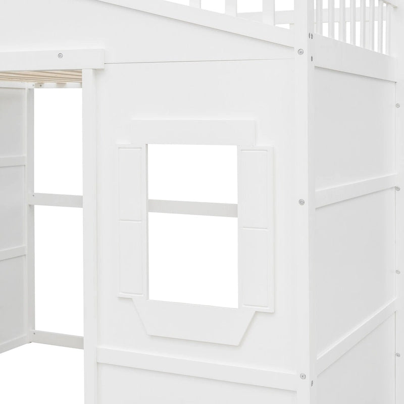 Lit mezzanine cabane pleine grandeur, cadre de lit cabane en bois avec fenêtres, lit mezzanine enfant avec échelle et barrières de sécurité