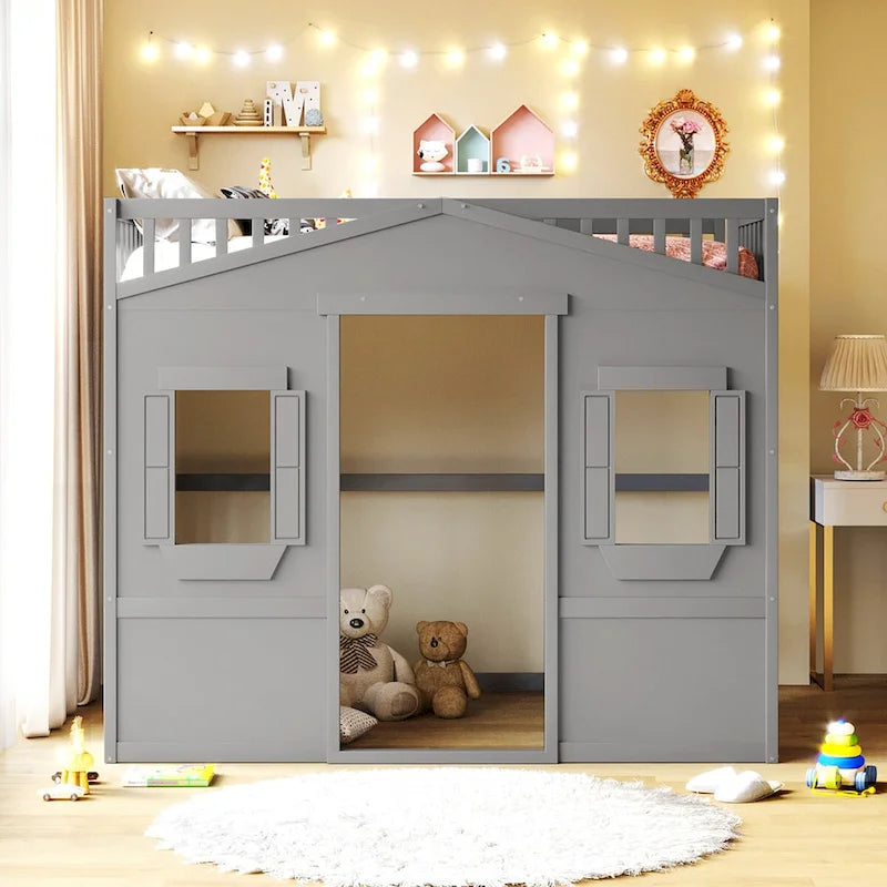 Lit mezzanine cabane pleine grandeur, cadre de lit cabane en bois avec fenêtres, lit mezzanine enfant avec échelle et barrières de sécurité