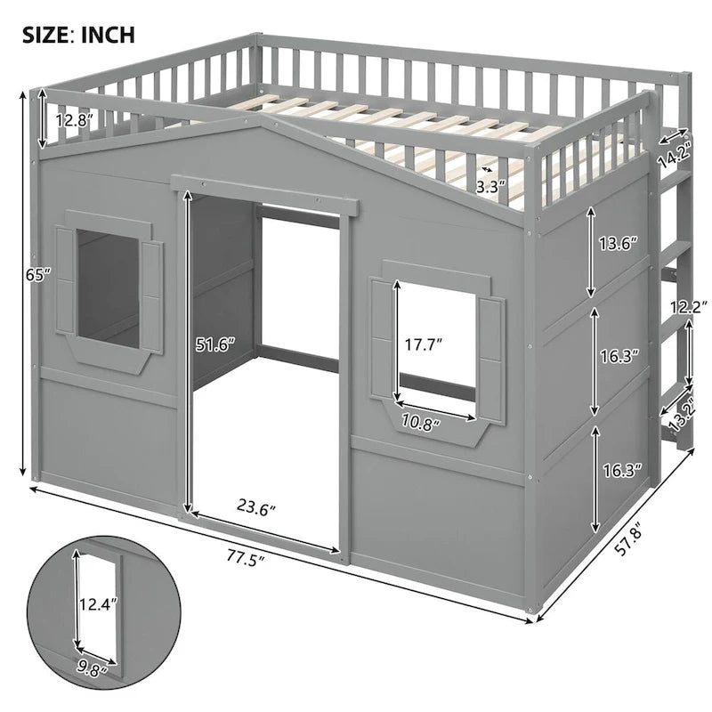 Lit mezzanine cabane pleine grandeur, cadre de lit cabane en bois avec fenêtres, lit mezzanine enfant avec échelle et barrières de sécurité