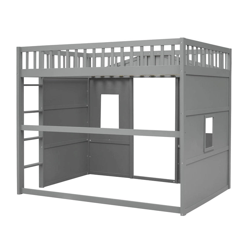 Lit mezzanine cabane pleine grandeur, cadre de lit cabane en bois avec fenêtres, lit mezzanine enfant avec échelle et barrières de sécurité