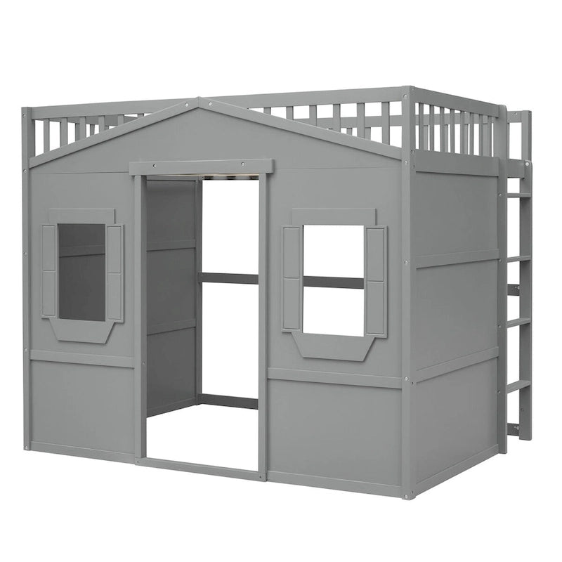 Lit mezzanine cabane pleine grandeur, cadre de lit cabane en bois avec fenêtres, lit mezzanine enfant avec échelle et barrières de sécurité