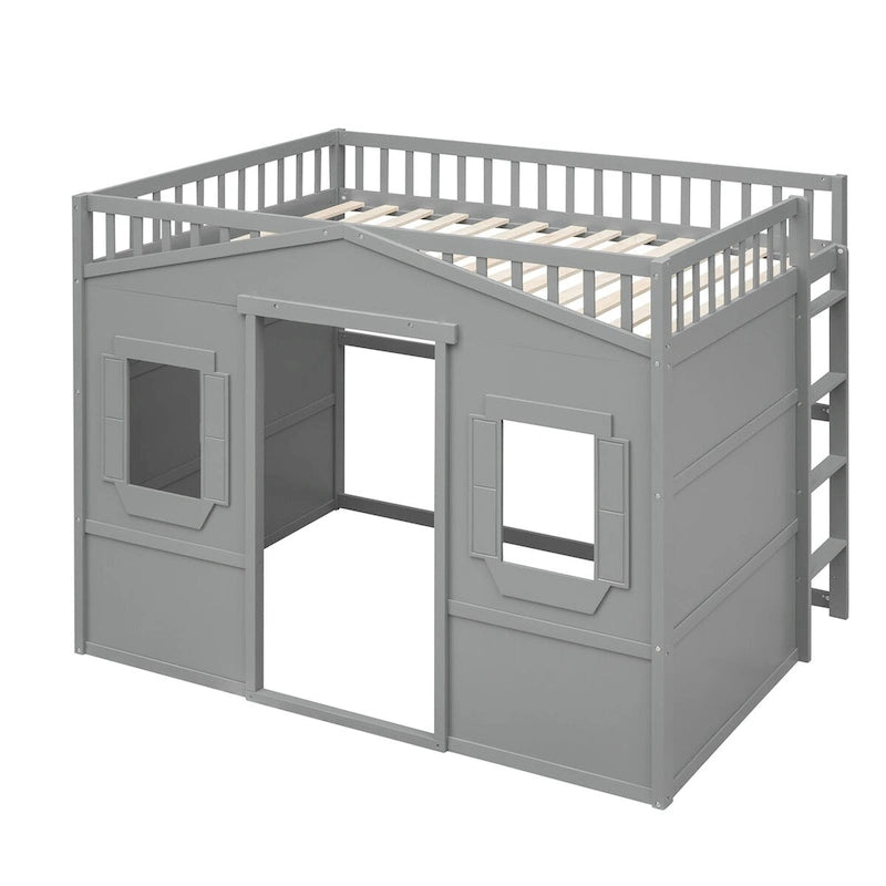 Lit mezzanine cabane pleine grandeur, cadre de lit cabane en bois avec fenêtres, lit mezzanine enfant avec échelle et barrières de sécurité