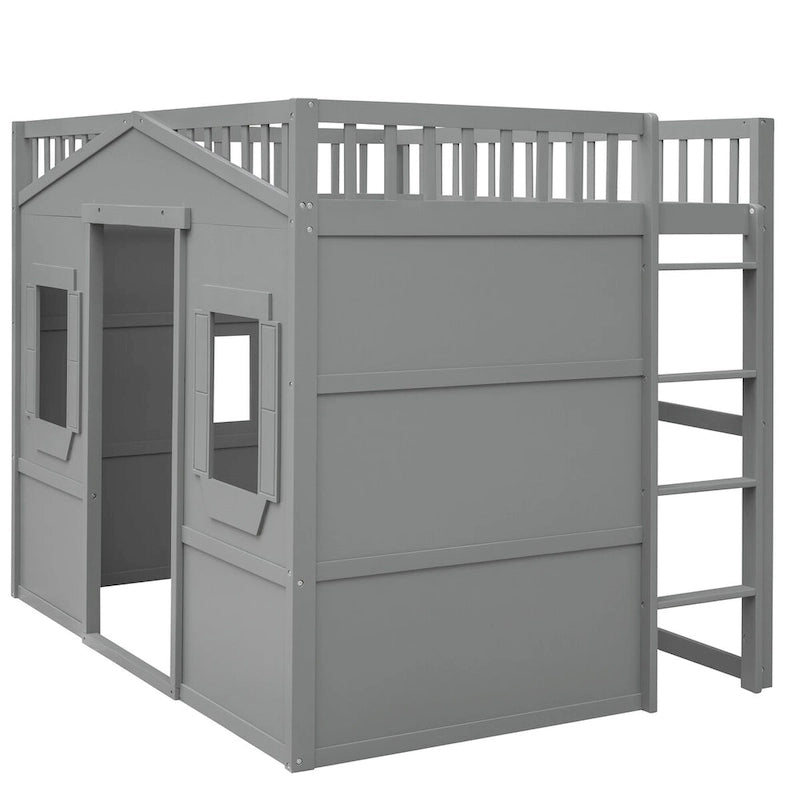Lit mezzanine cabane pleine grandeur, cadre de lit cabane en bois avec fenêtres, lit mezzanine enfant avec échelle et barrières de sécurité