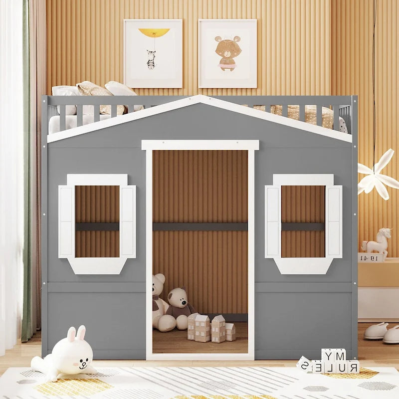 Lit mezzanine cabane pleine grandeur, cadre de lit cabane en bois avec fenêtres, lit mezzanine enfant avec échelle et barrières de sécurité