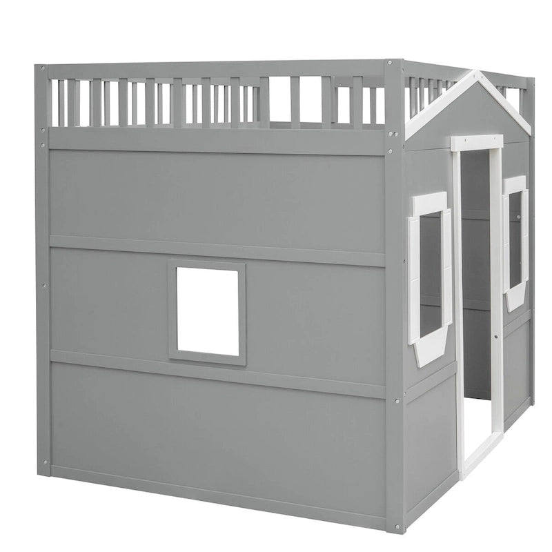 Lit mezzanine cabane pleine grandeur, cadre de lit cabane en bois avec fenêtres, lit mezzanine enfant avec échelle et barrières de sécurité
