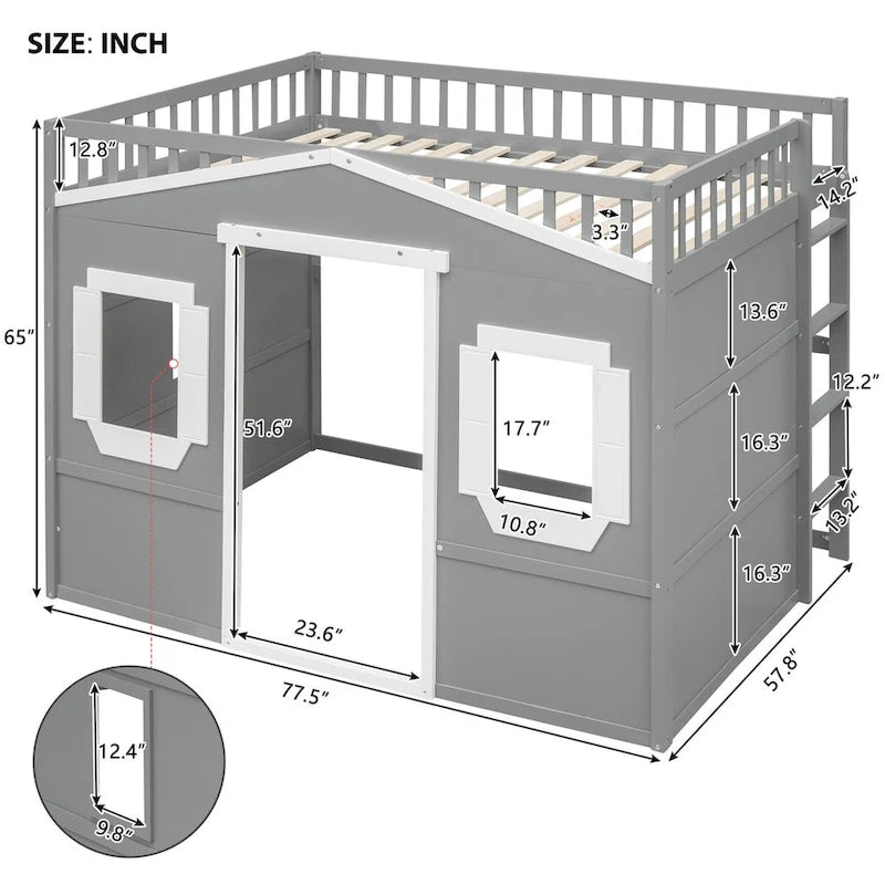 Lit mezzanine cabane pleine grandeur, cadre de lit cabane en bois avec fenêtres, lit mezzanine enfant avec échelle et barrières de sécurité