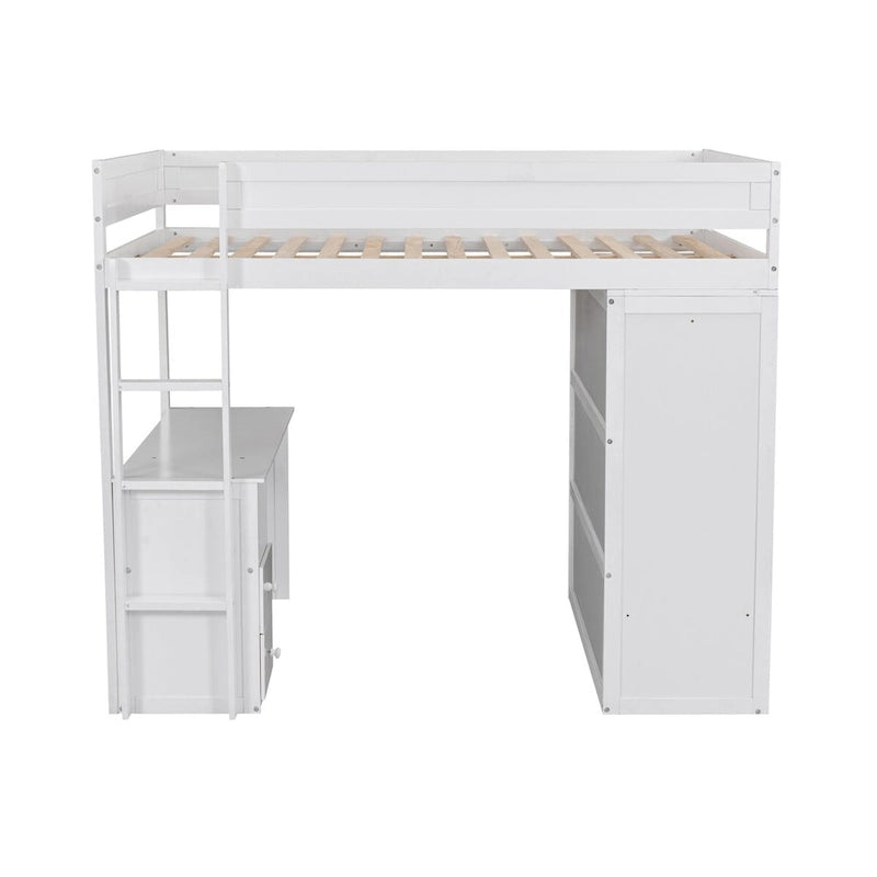 Lit mezzanine en pin blanc avec armoires, bureau à 2 tiroirs et meuble de rangement, garde-corps pleine longueur