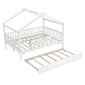 White Pine Wood House Bed with Twin Size Trundle, Full-Length Guardrail