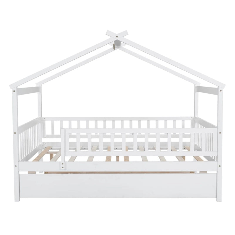 Lit en bois de pin blanc avec lit gigogne double, garde-corps pleine longueur