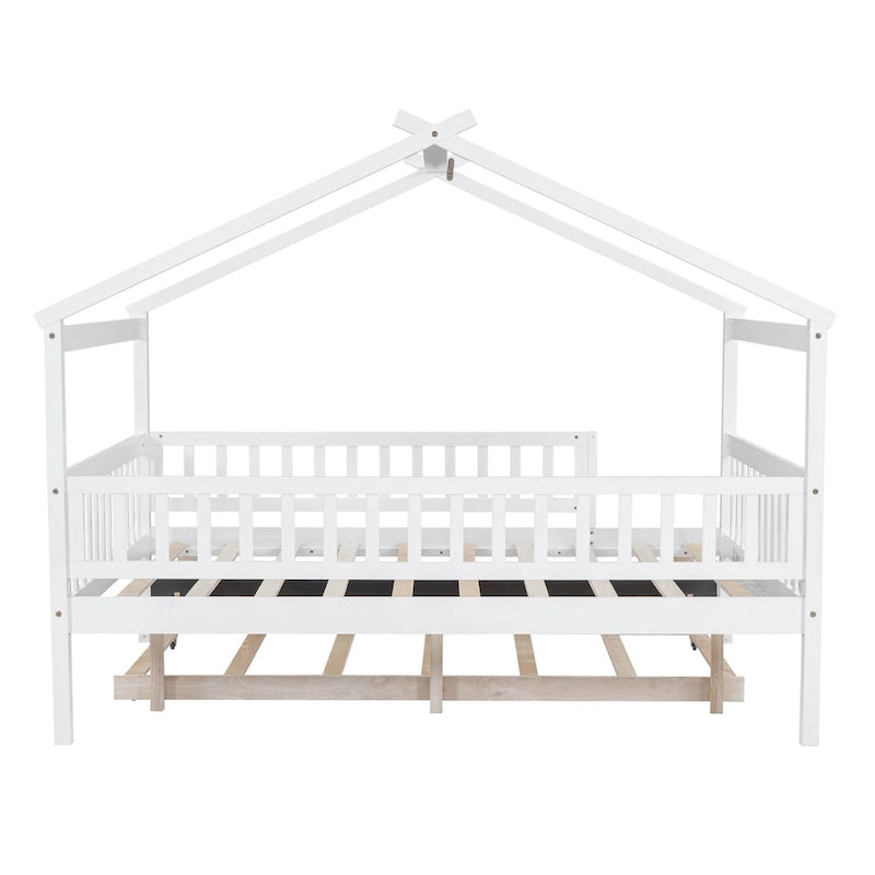Lit en bois de pin blanc avec lit gigogne double, garde-corps pleine longueur