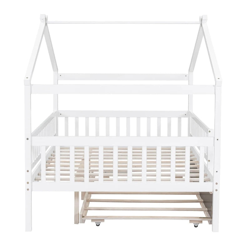 Lit en bois de pin blanc avec lit gigogne double, garde-corps pleine longueur