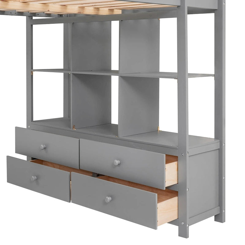 Lit mezzanine avec bureau intégré, étagères de rangement et tiroirs