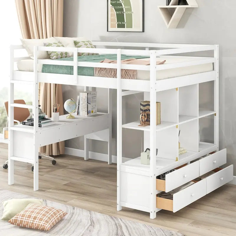 Lit mezzanine avec bureau intégré, étagères de rangement et tiroirs
