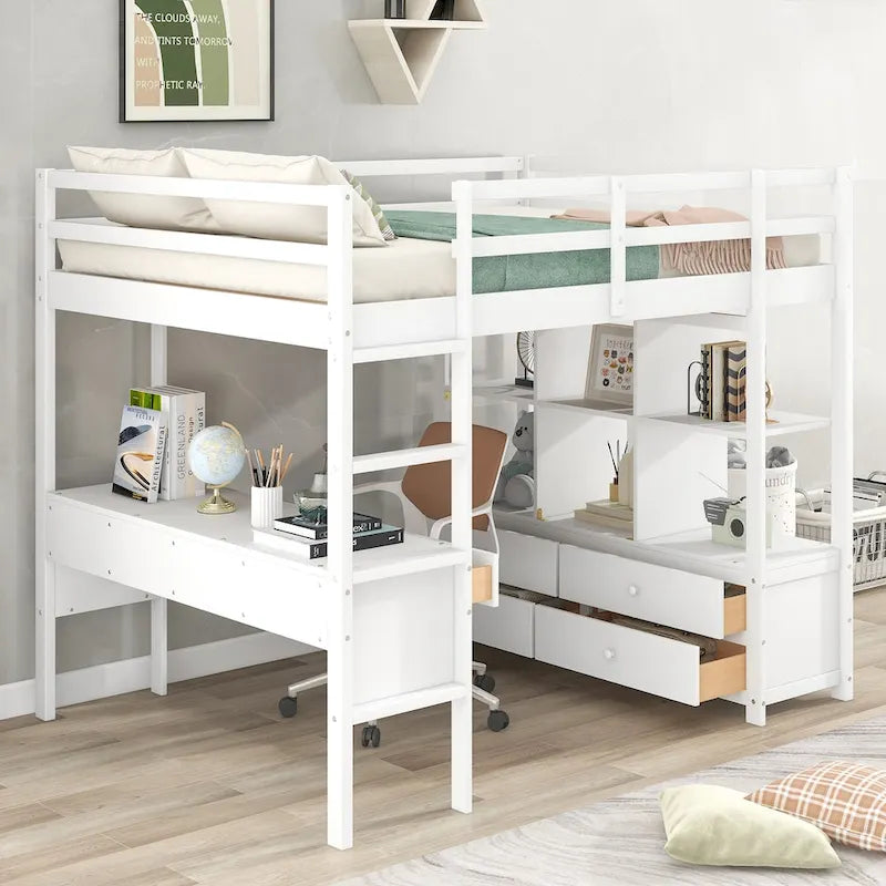 Lit mezzanine avec bureau intégré, étagères de rangement et tiroirs
