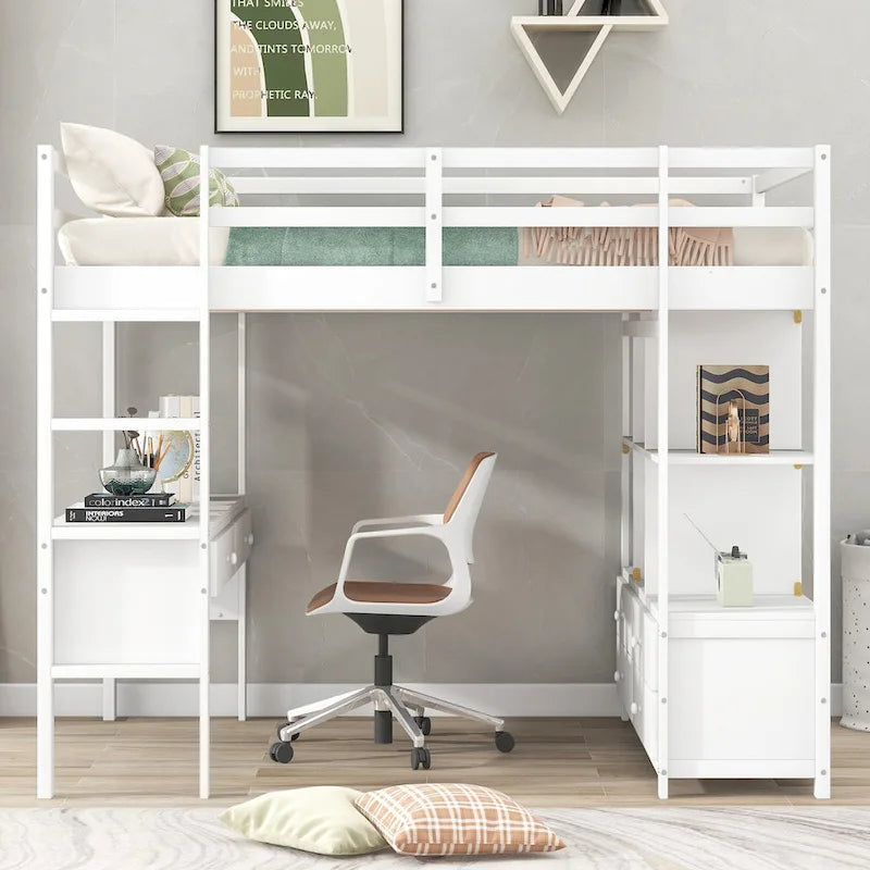 Lit mezzanine avec bureau intégré, étagères de rangement et tiroirs