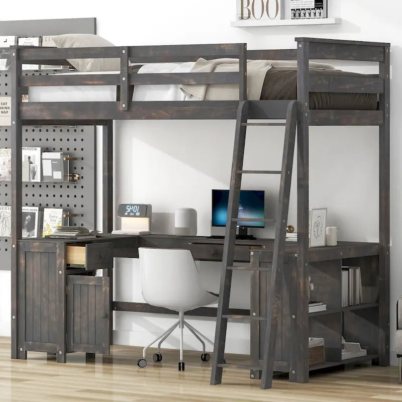 Lit mezzanine simple avec bureau en U, tiroirs et étagères de rangement