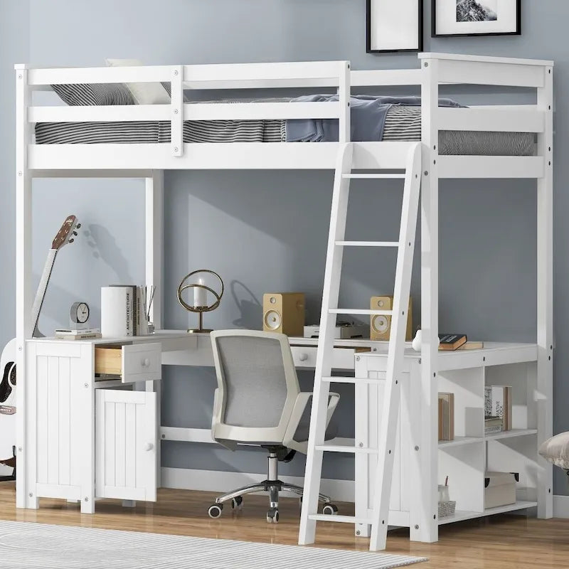 Lit mezzanine simple avec bureau en U, tiroirs et étagères de rangement