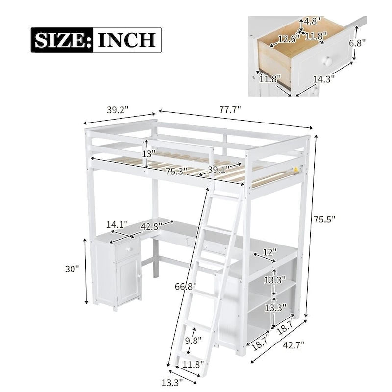 Lit mezzanine simple avec bureau en U, tiroirs et étagères de rangement