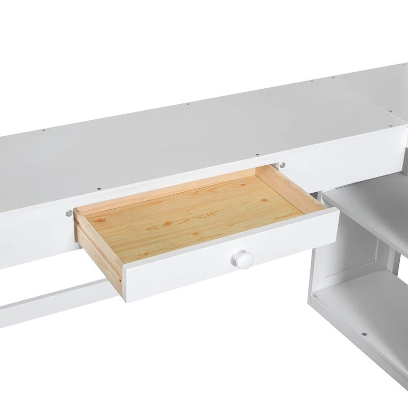 Lit mezzanine simple avec bureau en U, tiroirs et étagères de rangement