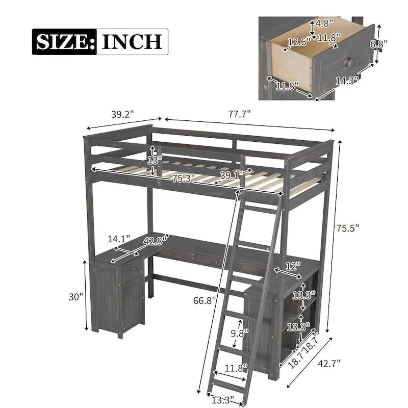 Lit mezzanine simple avec bureau en U, tiroirs et étagères de rangement