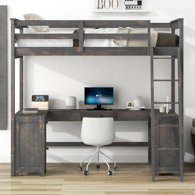 Lit mezzanine simple avec bureau en U, tiroirs et étagères de rangement
