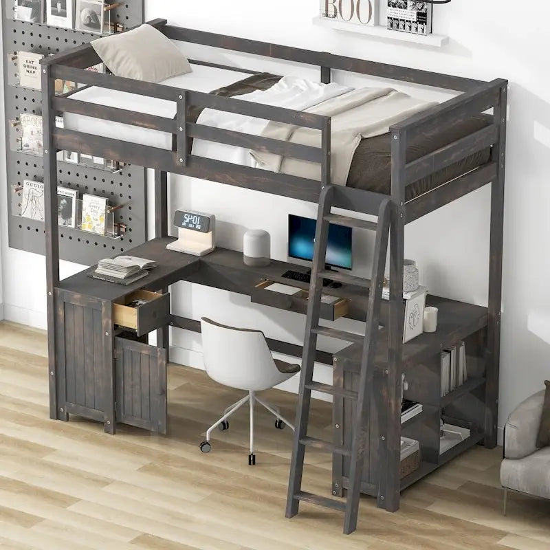 Lit mezzanine simple avec bureau en U, tiroirs et étagères de rangement