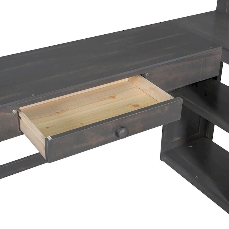 Lit mezzanine simple avec bureau en U, tiroirs et étagères de rangement