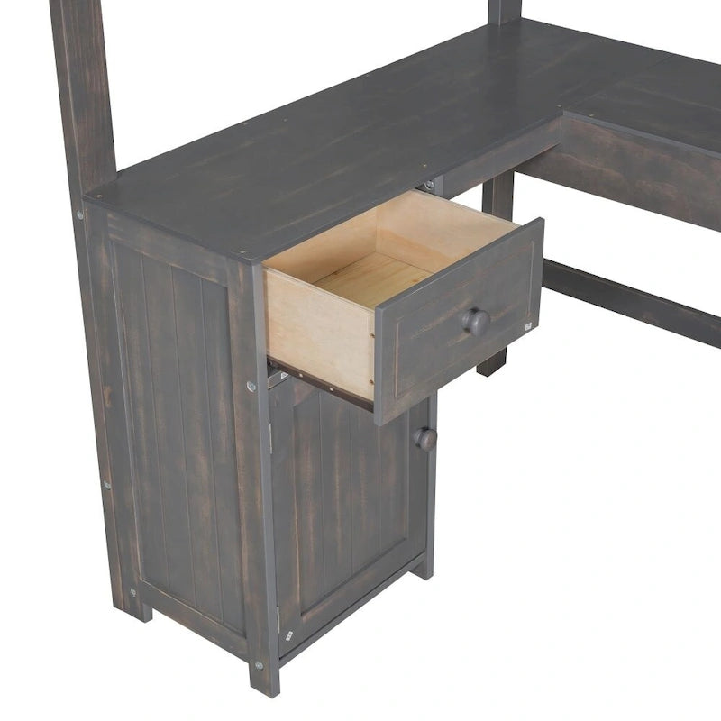 Lit mezzanine simple avec bureau en U, tiroirs et étagères de rangement