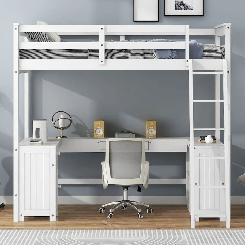 Lit mezzanine simple avec bureau en U, tiroirs et étagères de rangement