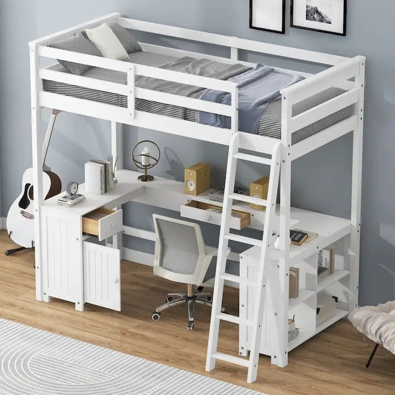 Lit mezzanine simple avec bureau en U, tiroirs et étagères de rangement